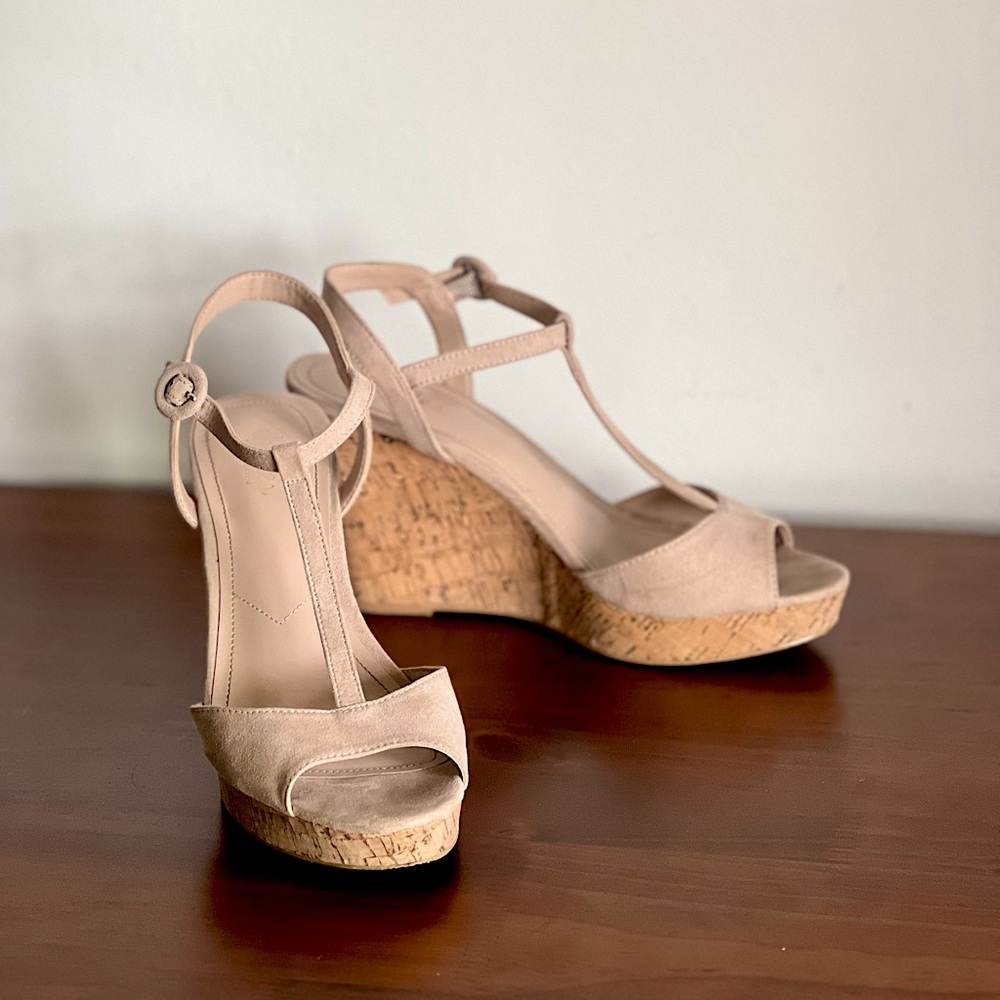 Excellent condition Charles Microsuede Cork Wedge, size 9.5 M tan